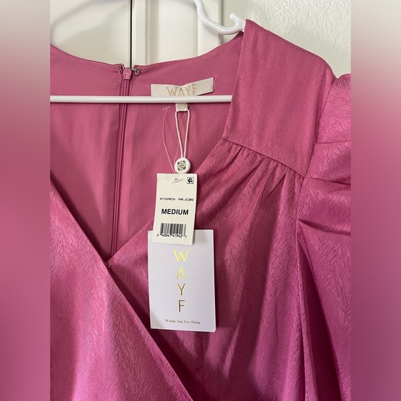 $249 WAYF Womens Pink Surplice V-Neck Puff-Sleeve Faux-Wrap Sheath Mini Dress M - Picture 4 of 10